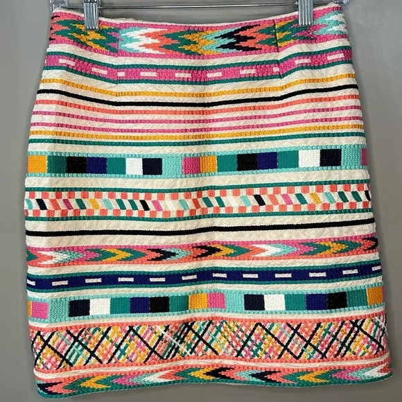 Etcetera Skirt Embroidered Linen Mini Skirt Rainbow Geometric Pattern Size 4 - Picture 1 of 5